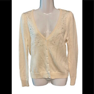Loft Ann Taylor Cardigan Embroidered Beaded Button Down Wool Blend